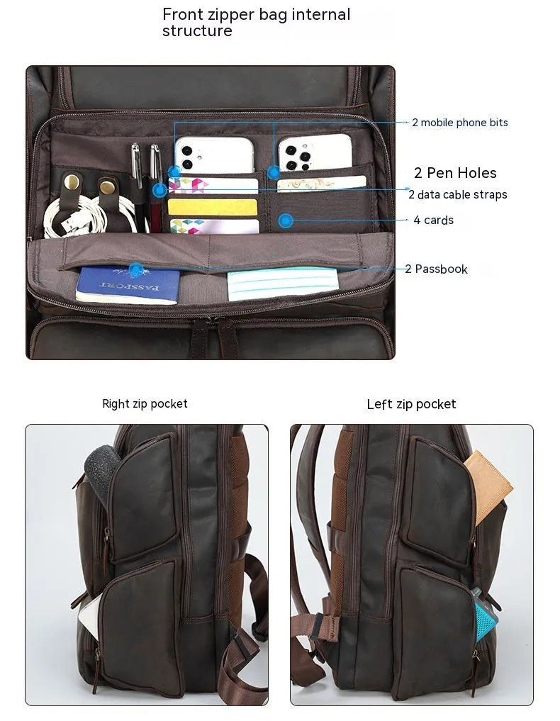 Dark brown leather men's backpack for 17-inch laptops with multiple compartments