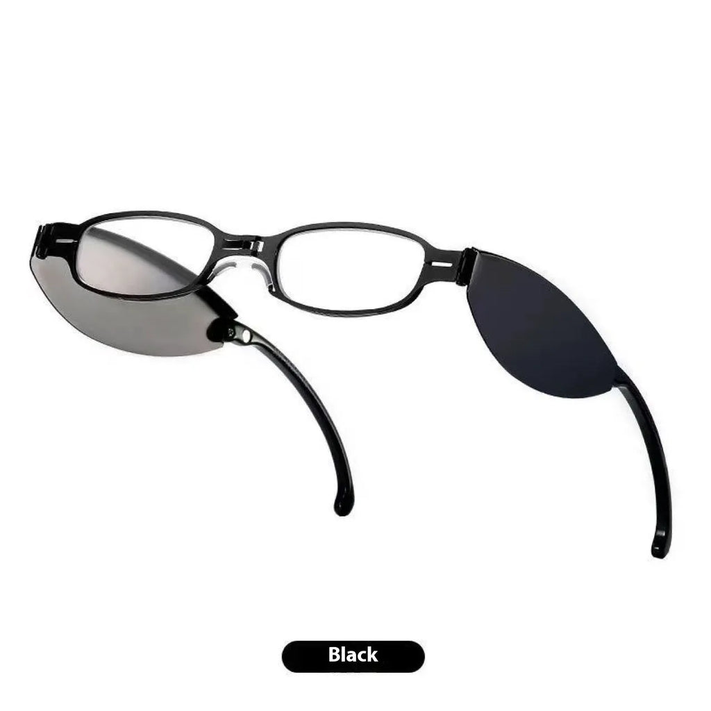Black retro-style folding reading glasses for men, shown open and folded