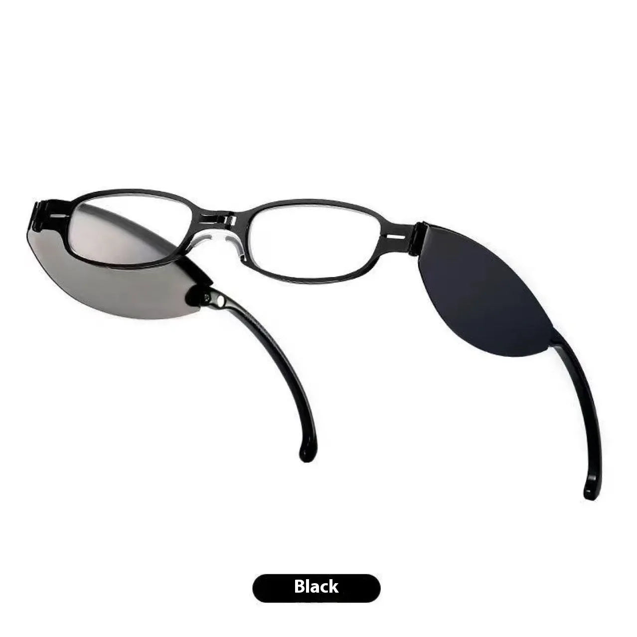 Black retro-style folding reading glasses for men, shown open and folded