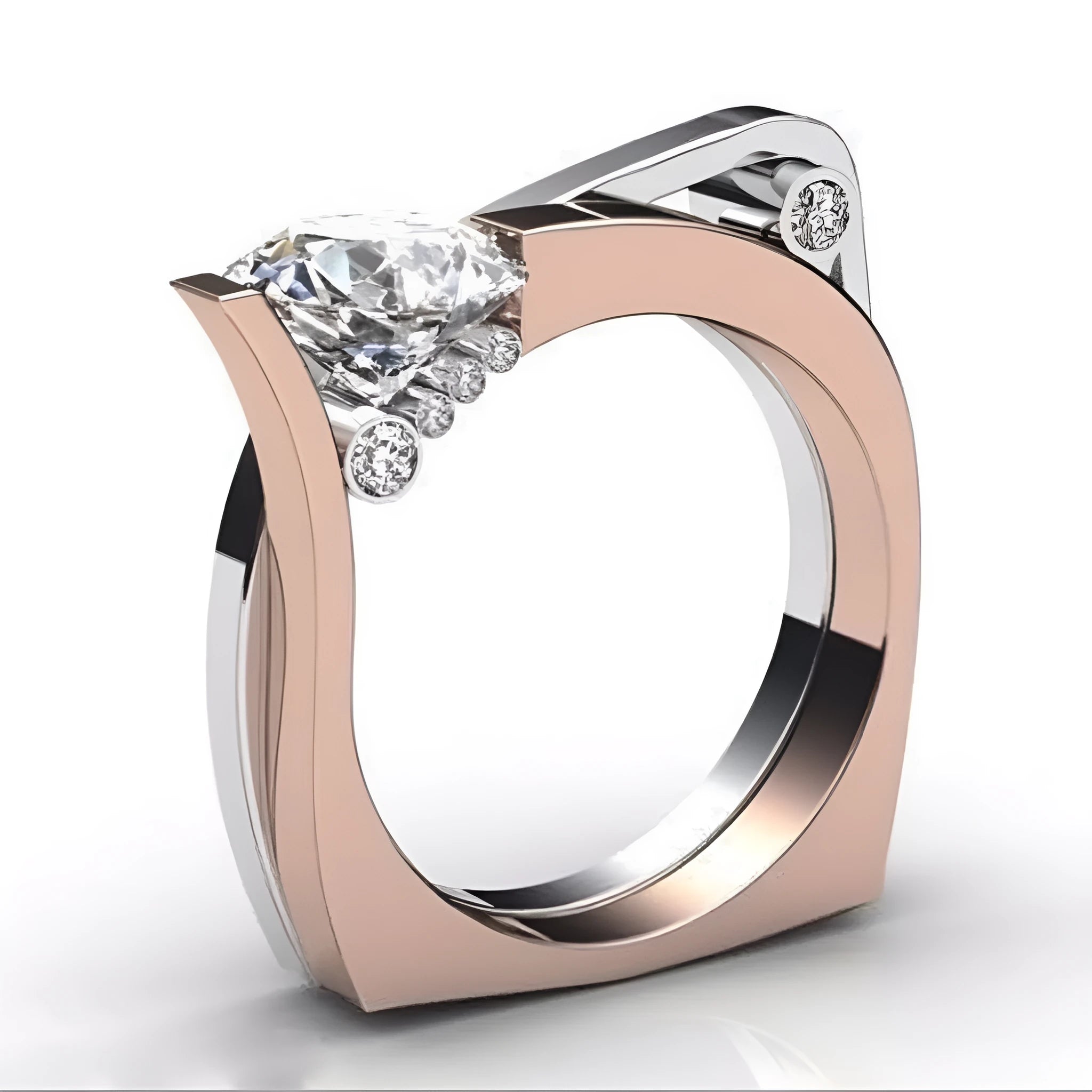 Rose gold couple rings with zircon inlay and geometry design on finger