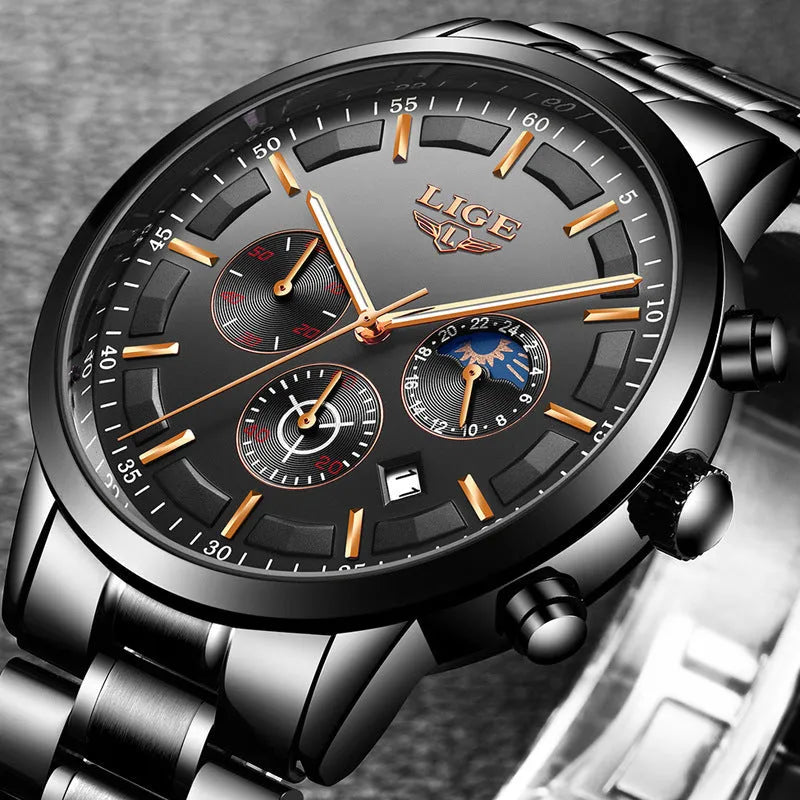 Men's waterproof quartz business sports watch in black and rose red gold with 12mm thickness