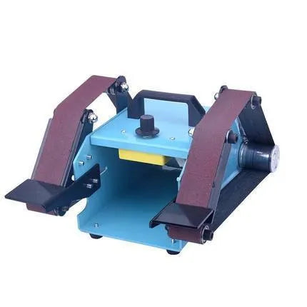 Blue desktop dual-axis belt sander for sharpening knives and sanding, showing the motor, belt, and variable speed switch.