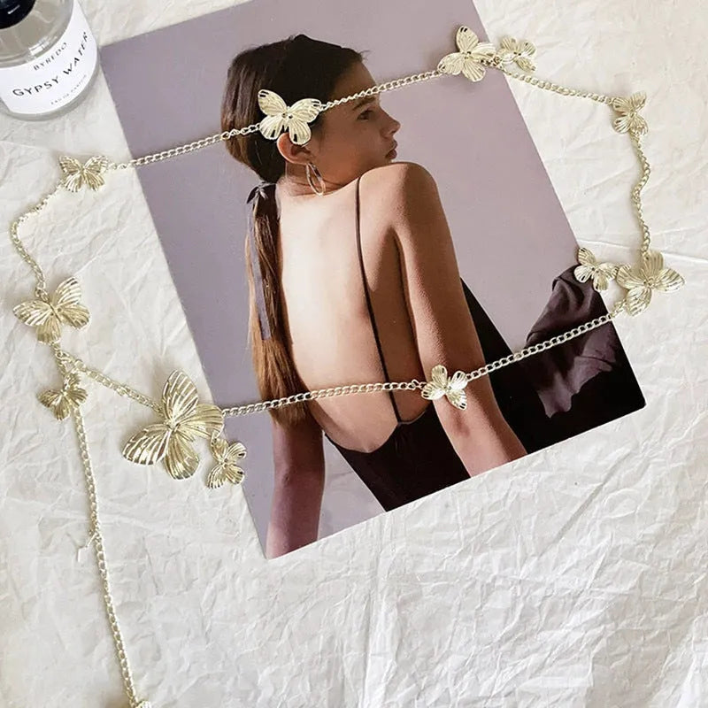 Gold butterfly waist chain accessory with 40cm width design for women's fashion outfits