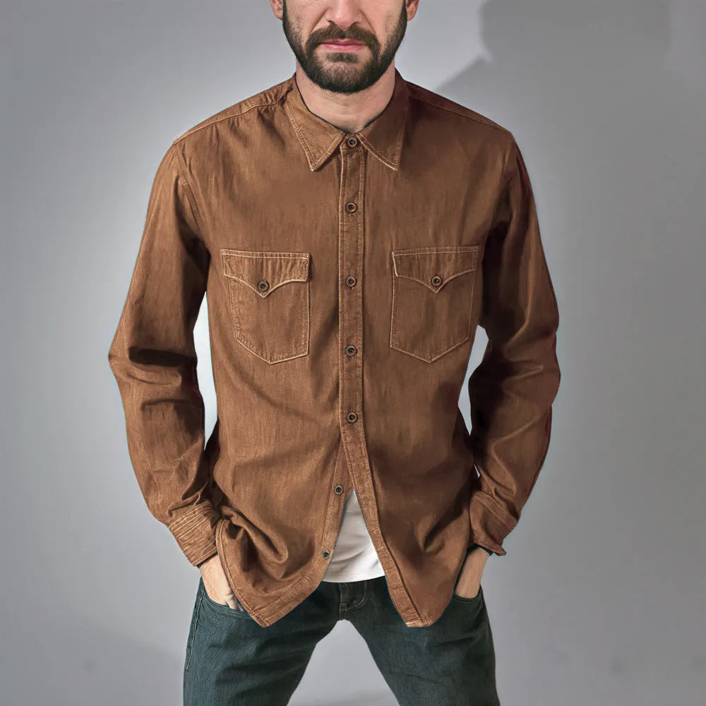 A man or woman wearing a regular-fit denim cardigan coat in khaki, showcasing button-front style.