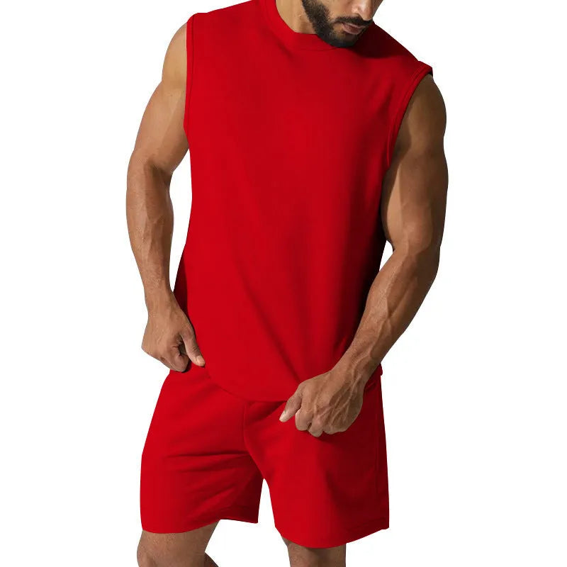 Men's sleeveless top and shorts cotton blend sports suit set in multiple solid colours