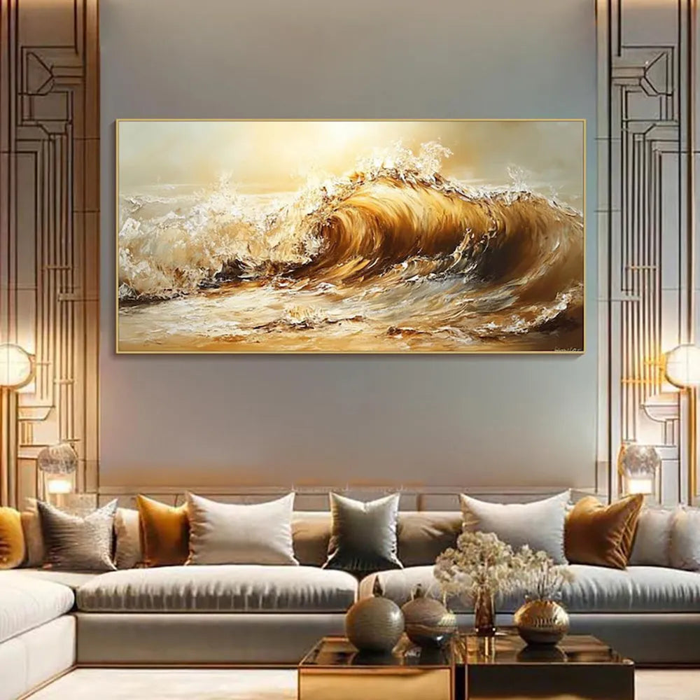 Hand-painted abstract yellow waves landscape oil painting canvas wall art