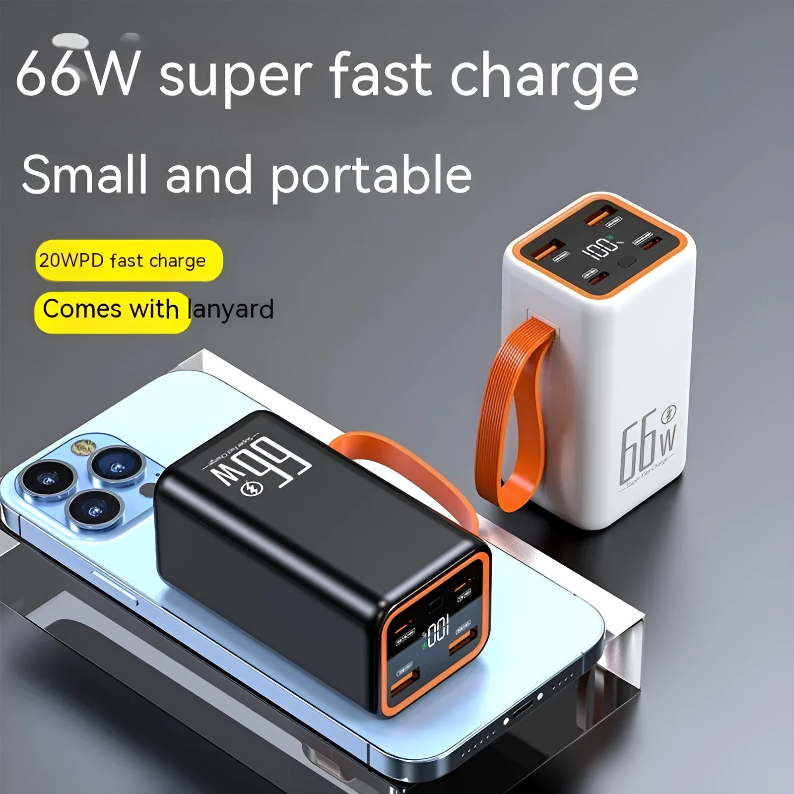 Black and white PD66W fast charging 20000 mAh power bank with creative design.