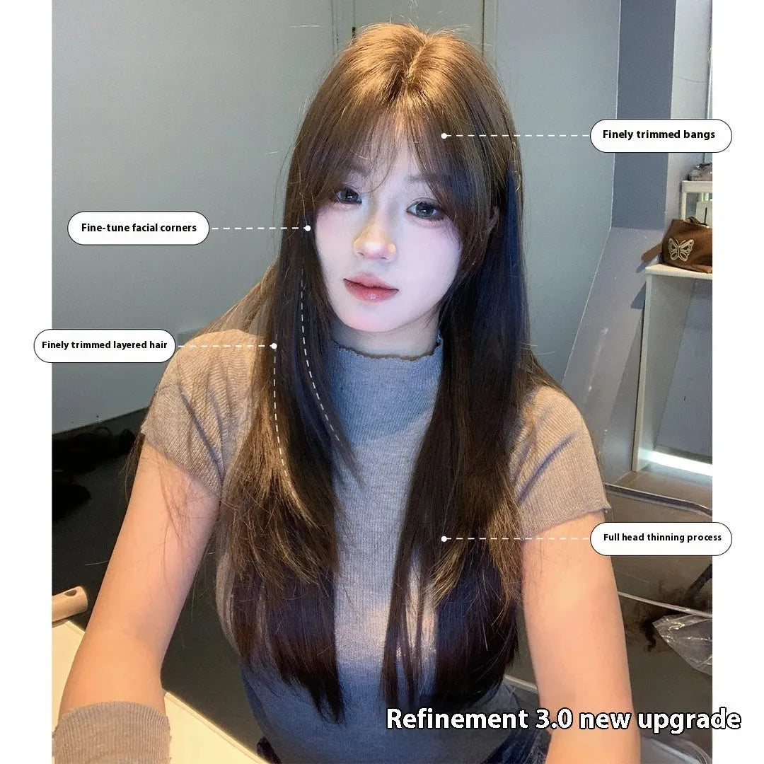 Layered long straight cold brown women's wig made from high-temperature fibre material