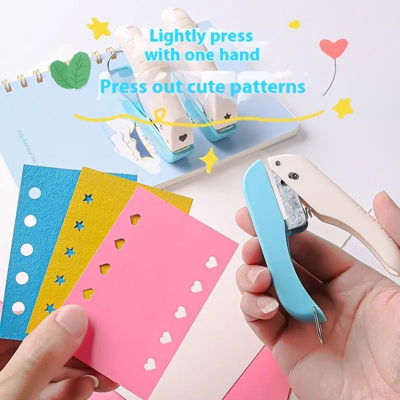 Manual craft punching machine with love heart, star, and round pattern heads for embossing.