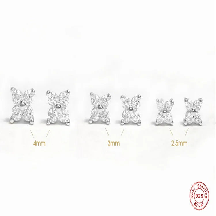 S925 sterling silver stud earrings with geometric crystal petal flowers in gold or platinum plating
