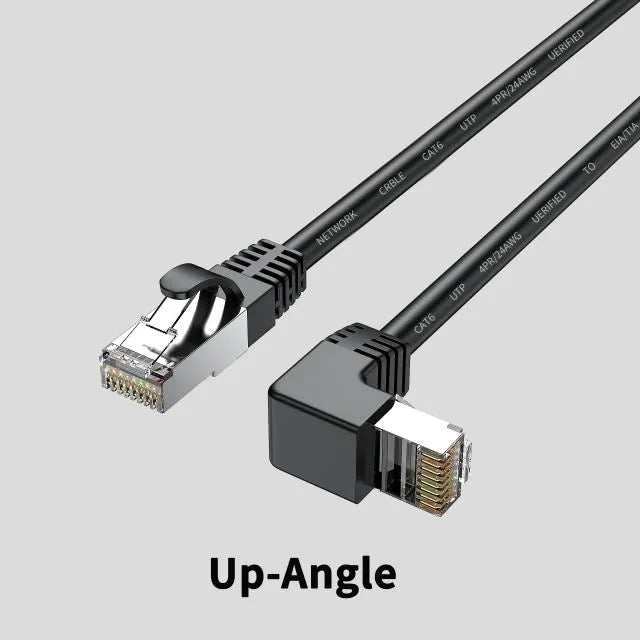 Right-angle Cat6 Ethernet cable with metal RJ45 connectors in various colours and lengths