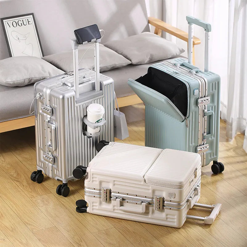 24-inch front open PC suitcase in black with USB port and brake wheel for business travel