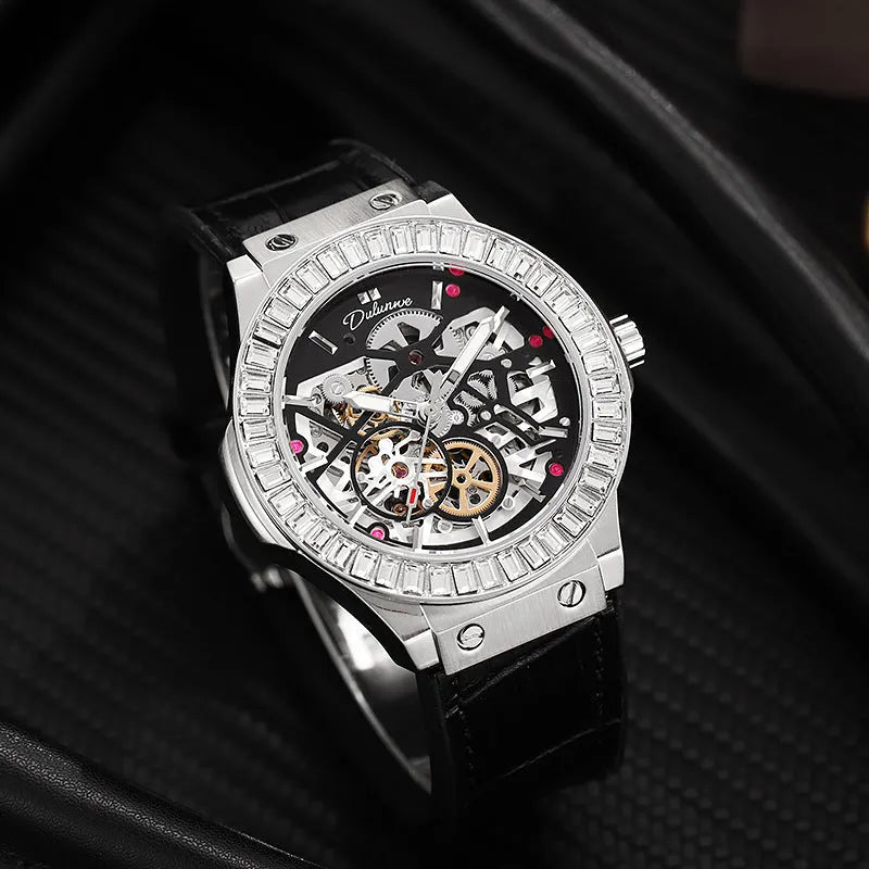 Men's automatic mechanical watch with hollow movement and diamond-studded dial on wrist