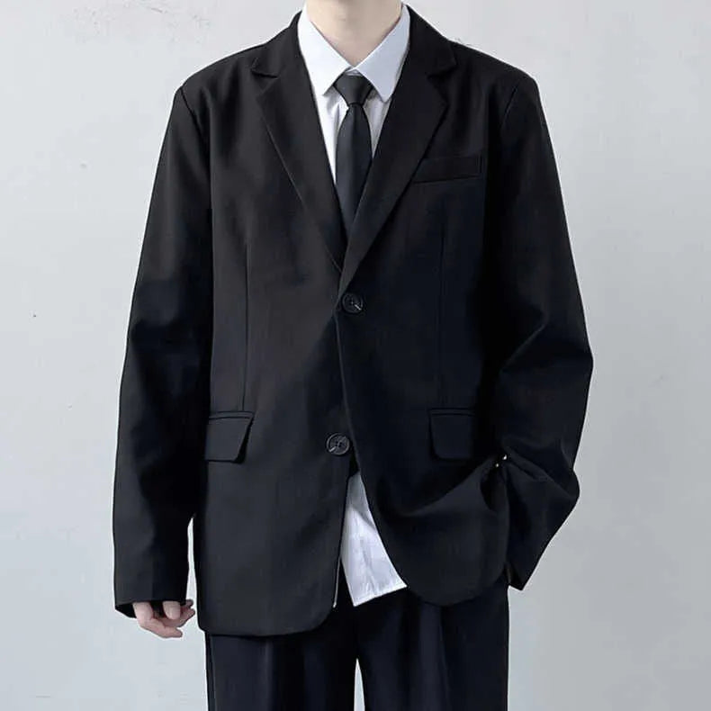 Plus size men's college style loose fit suit set with trousers, white shirt, and red tie