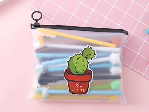 Marvel cartoon cactus boy and girl design pens in a plastic storage case.