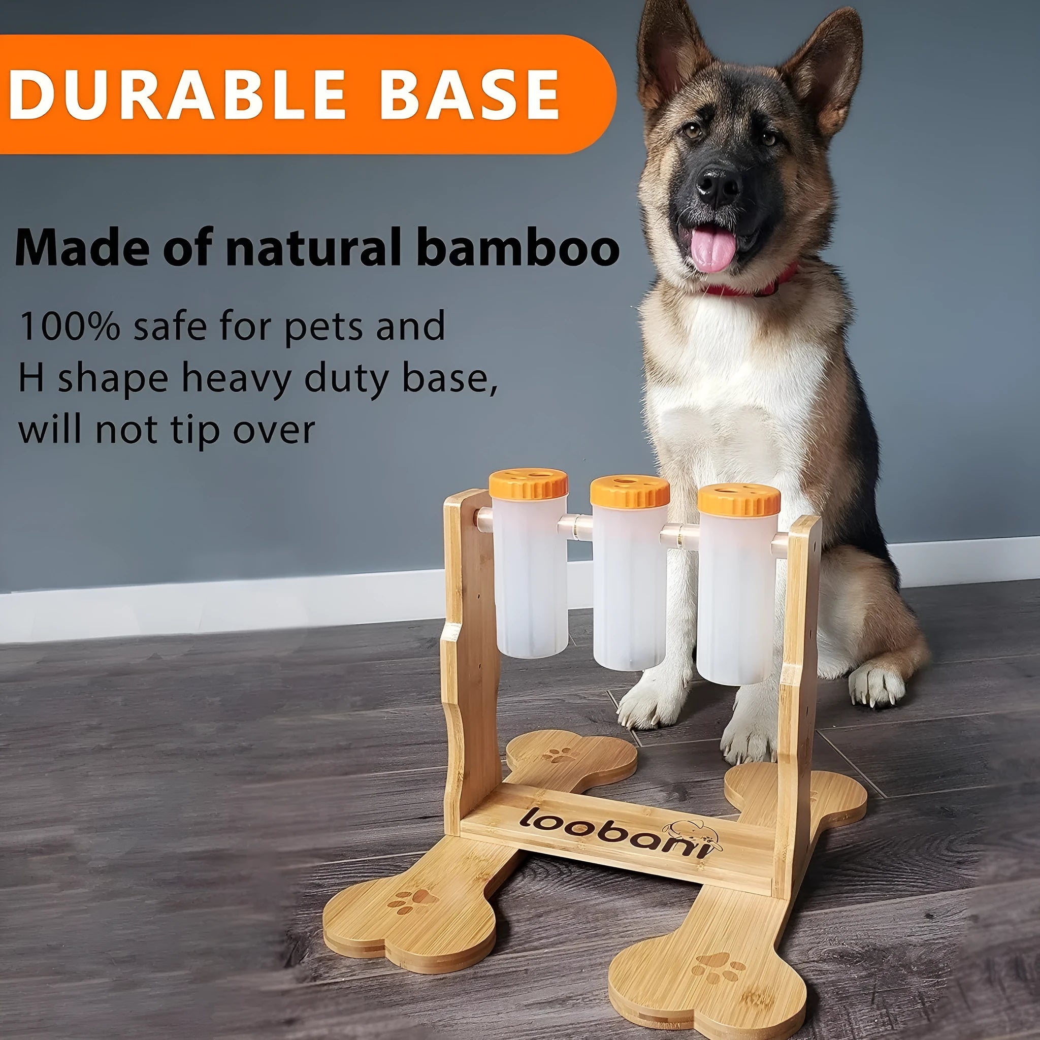 Natural wood dog puzzle toy treat dispenser measuring 31x30x20cm