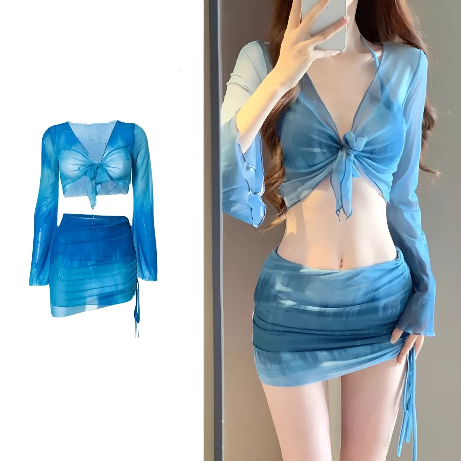 Women's blue high waist swimsuit four-piece set with shirt, bra, underwear, and skirt on beach