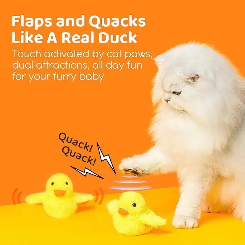 Yellow flapping duck cat toy with vibration sensor and USB-C charging port
