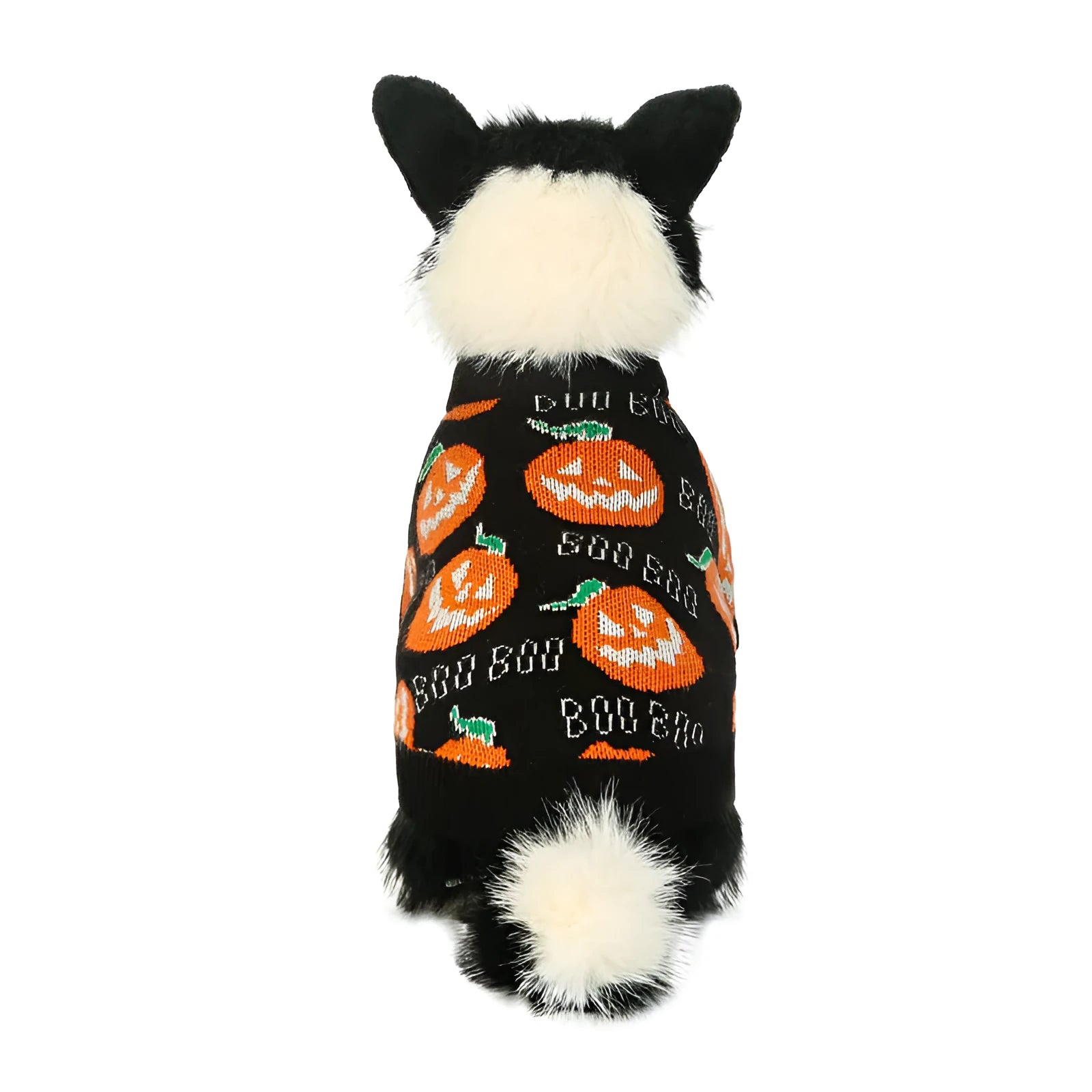 Black Halloween dog sweater with orange knitted pumpkin pattern costume
