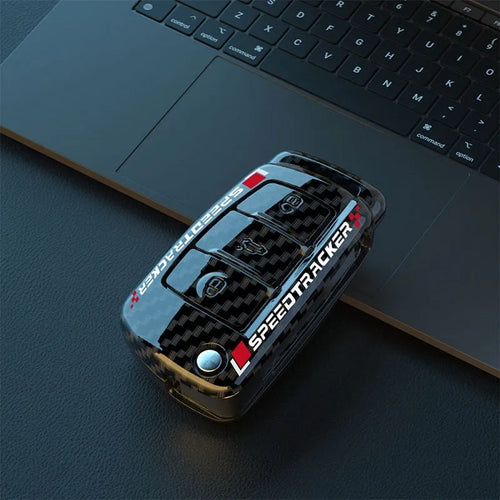 Carbon fibre style car key cover with mirror element in carbon black colour