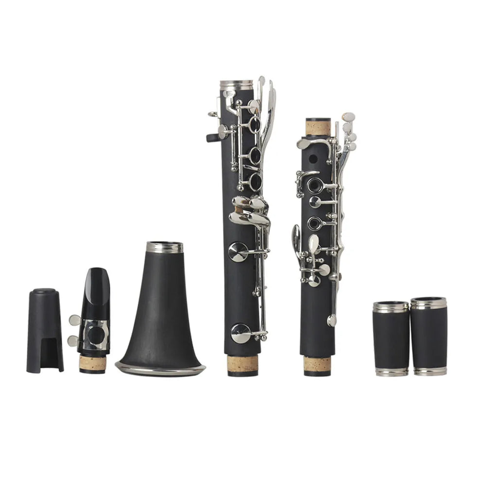 Black Bakelite beginner clarinet with nickel-plated 17-key mechanism and included carrying bag.