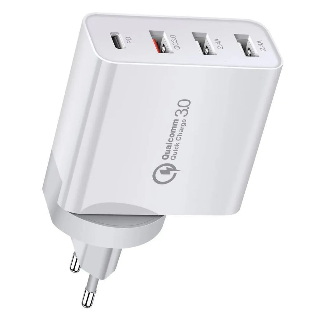 Multi-port fast wall charger with PD and QC support in black or white with international plug adapters