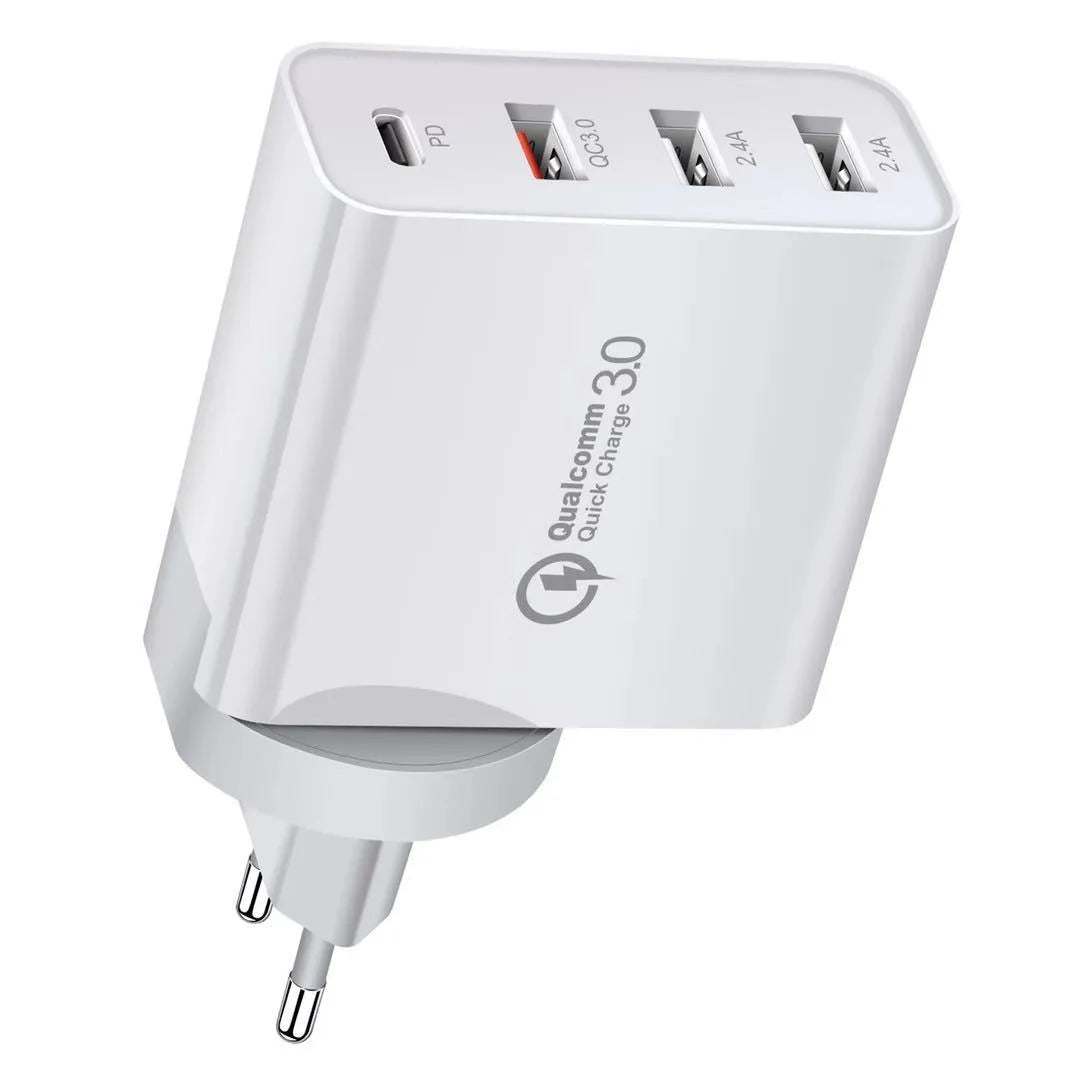 Multi-port fast wall charger with PD and QC support in black or white with international plug adapters