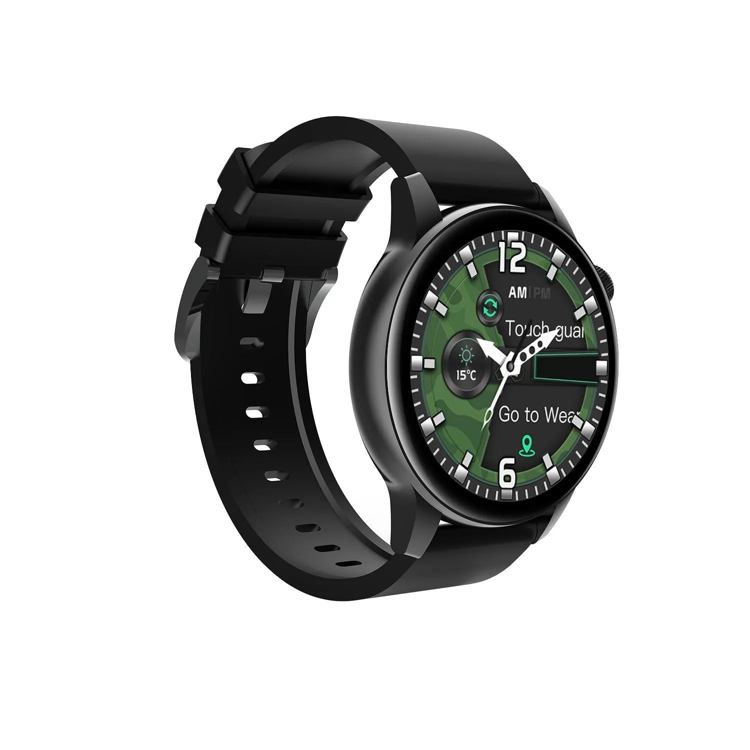 Stainless steel smart watch with colour touch screen on a wrist, showing a watch face.
