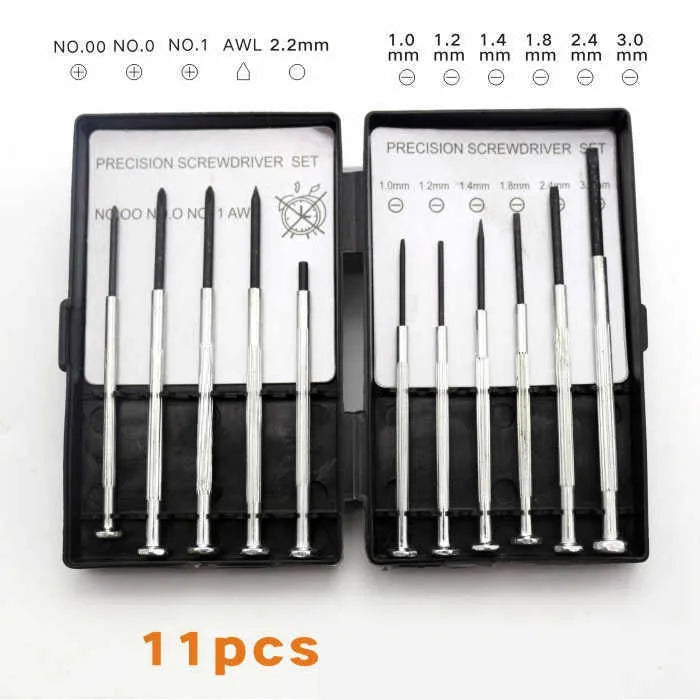 TH-6177 11-piece clock repair and electronics screwdriver set with assorted heads on a white background.