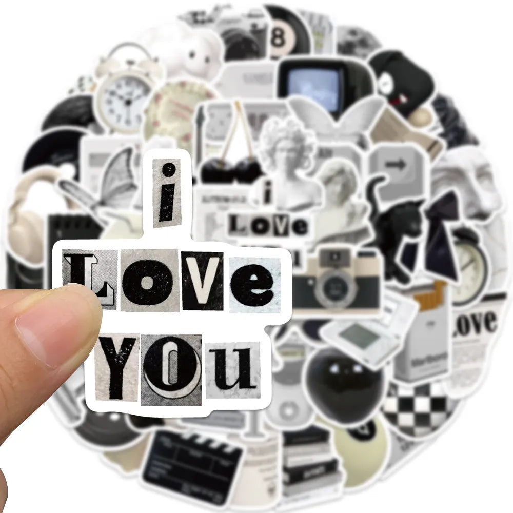 61 black and white simple design PVC waterproof stickers for laptops and phones.