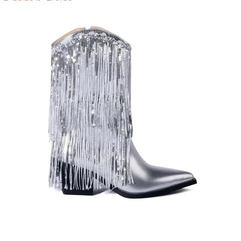 Women's black PU leather chunky heel tassel boots with pointed toe and high stiletto heel on a white background.