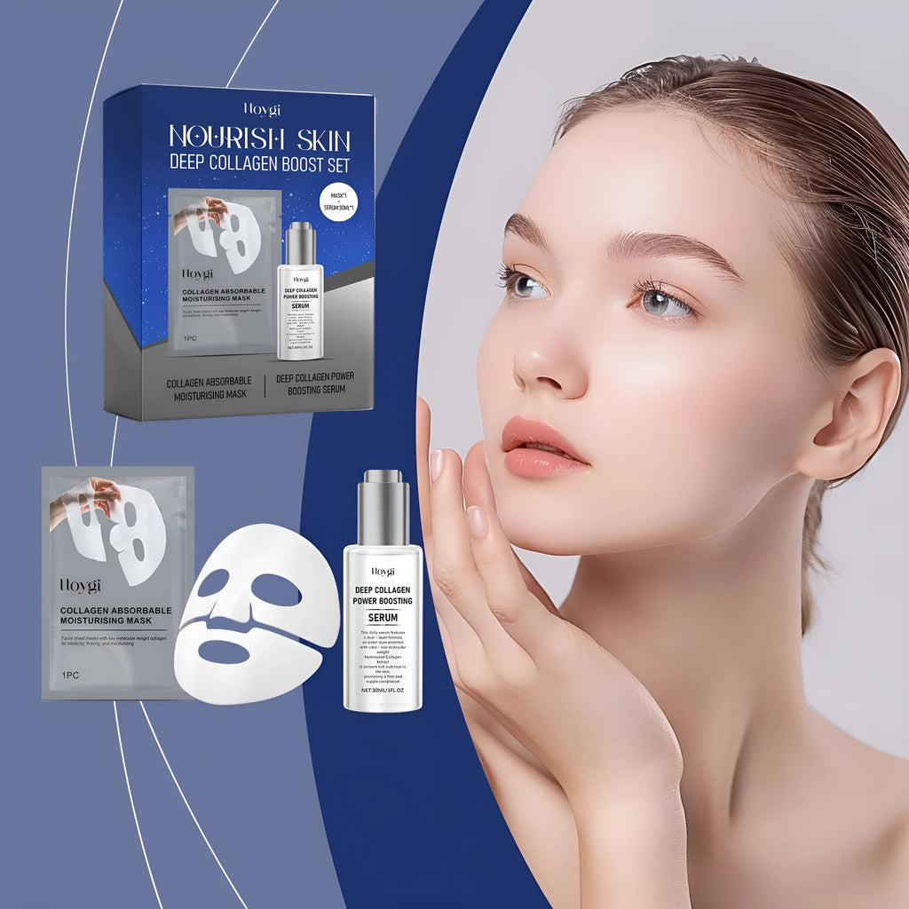 Collagen moisturising suit with facial mask and 30ml essence container for skin hydration