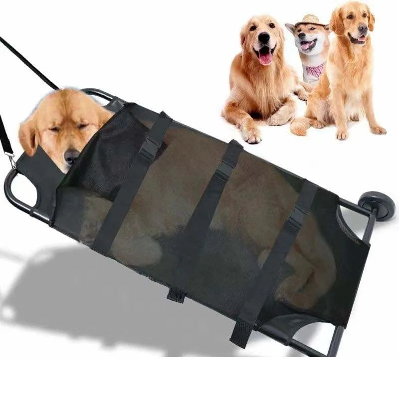 Black foldable aluminium alloy pet stretcher for large dogs, shown in emergency transport use.