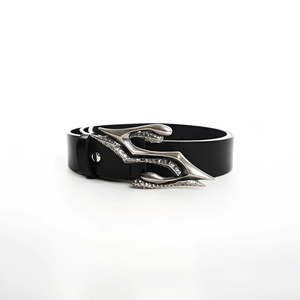 Black two-layer cowhide leather men's belt with metal letter buckle, shown at 110cm length.