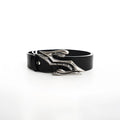 Black two-layer cowhide leather men's belt with metal letter buckle, shown at 110cm length.