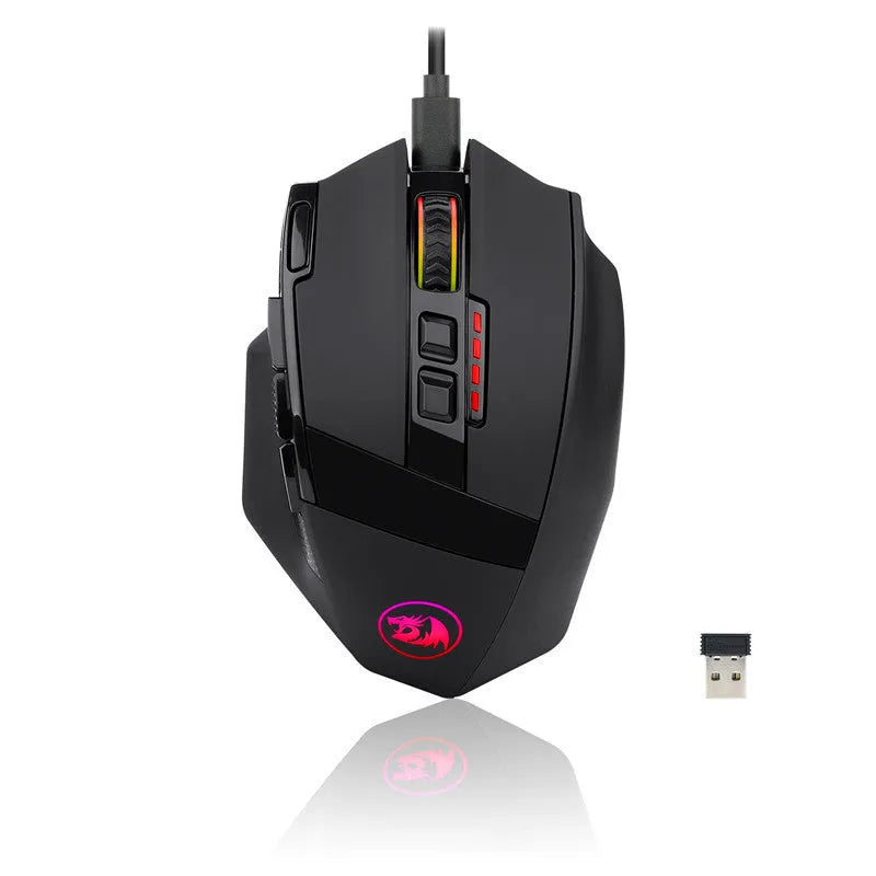 Redragon M801P black wireless gaming mouse with nine buttons and ergonomic right-handed design