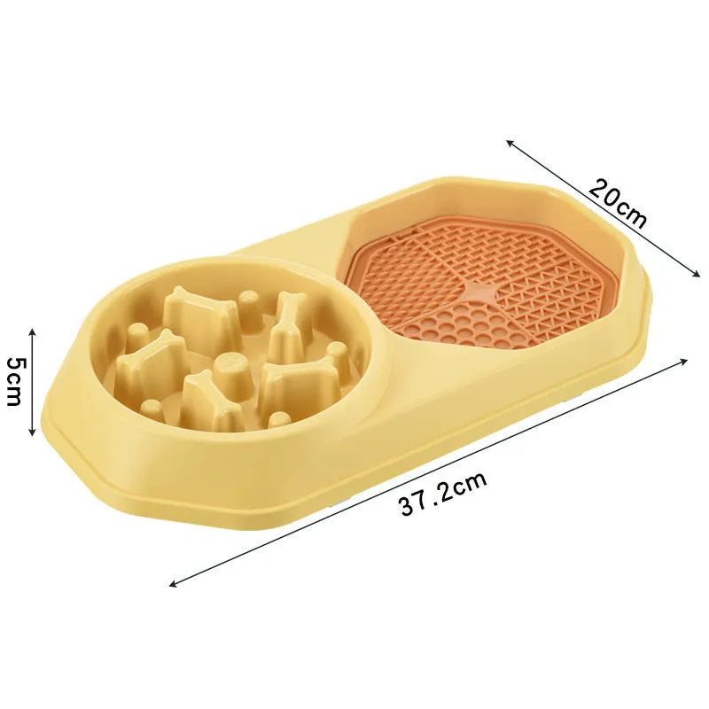 Blue slow feeder puzzle dog bowl with maze pattern and non-slip base