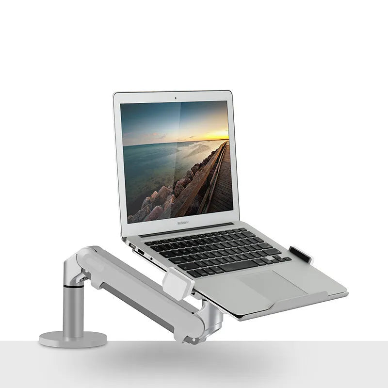 Silver aluminium hover notebook stand with adjustable air pressure arm for laptop support