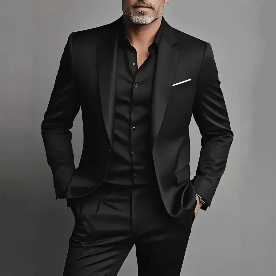 Men's slim fit two-piece suit set in black cotton blend fabric with coat and trousers
