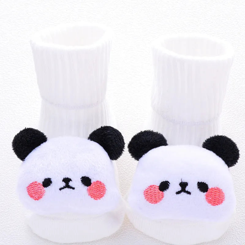 Baby socks in cotton fabric showing Lion, Panda, Blue Bow, and Pink Stars designs for sizes XS, S, M.