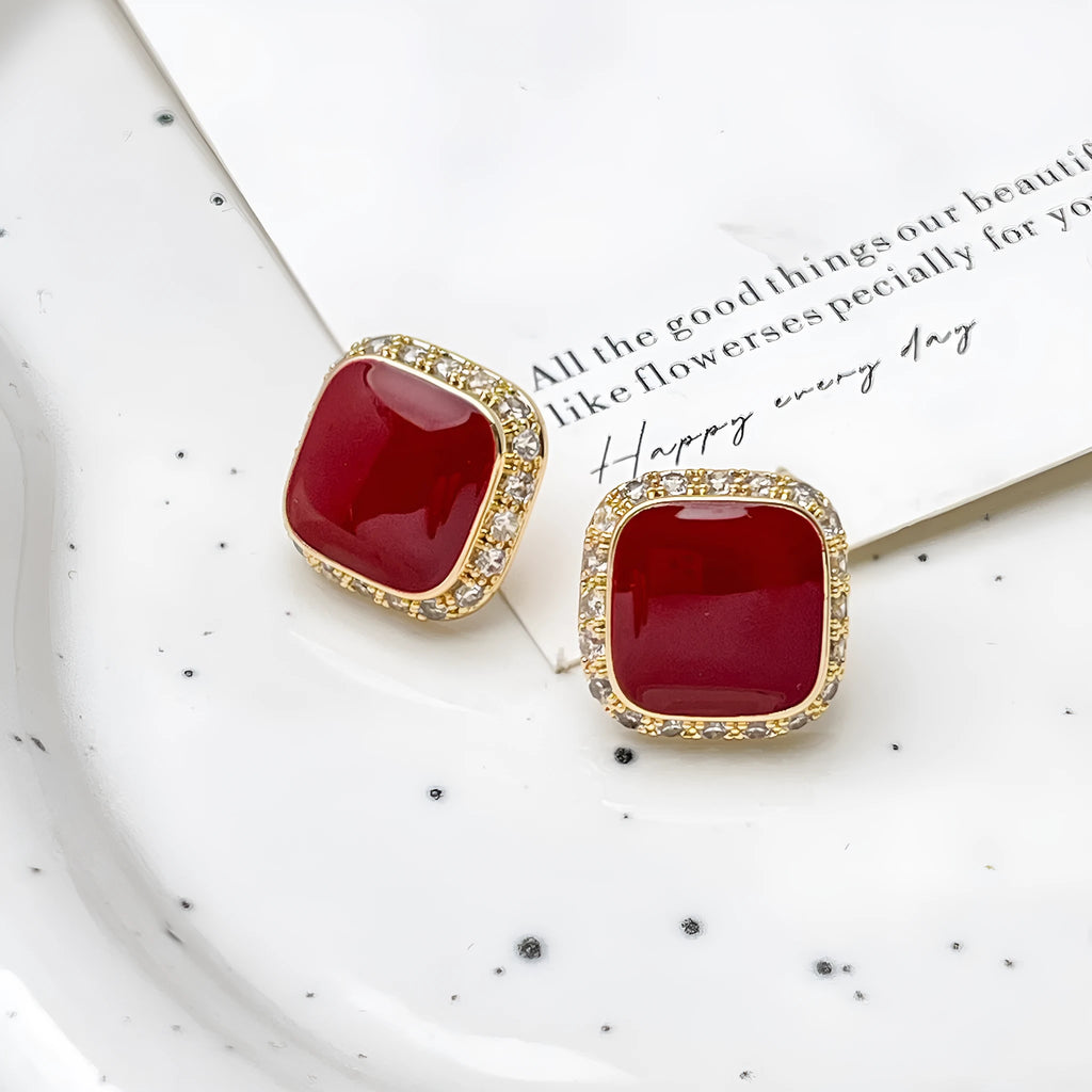 Red geometric square alloy drop earrings with retro style and seiko treatment