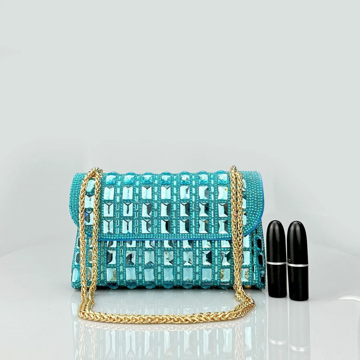 Shiny glass rhinestone chain clutch in horizontal square PU shape with black colour and open pocket