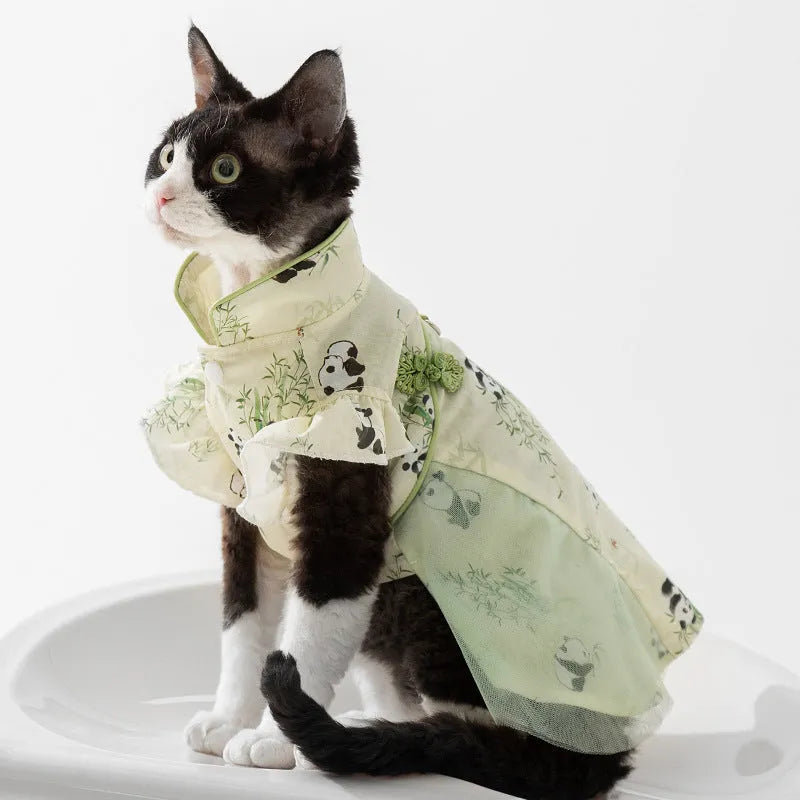 Chinese style panda bamboo leaf woven fabric cat skirt for hairless cats in national style tassel dress option