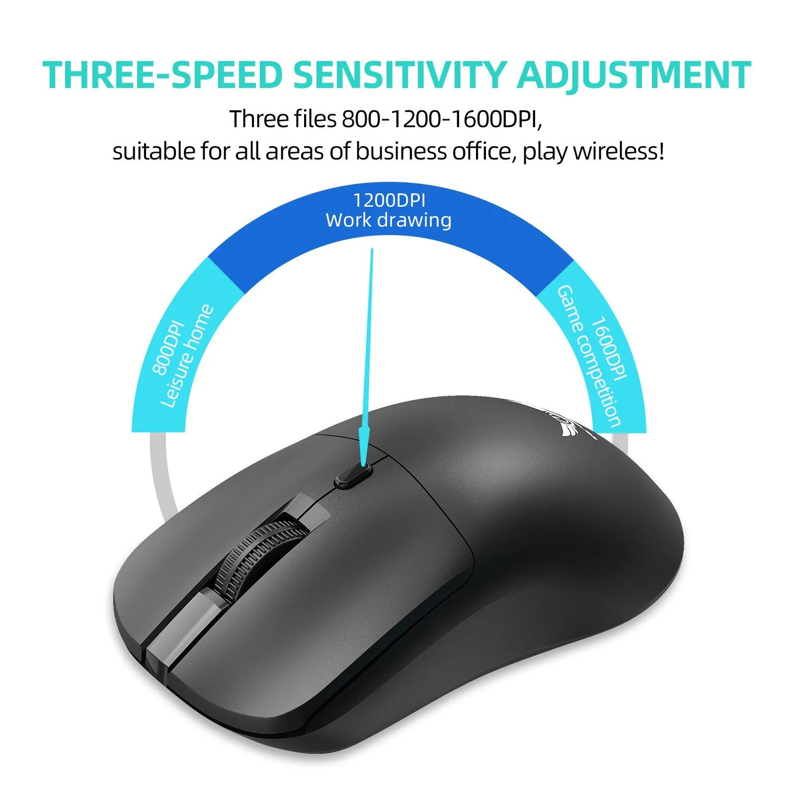 Black wireless mouse with a three-gear audio button, for use with laptops.