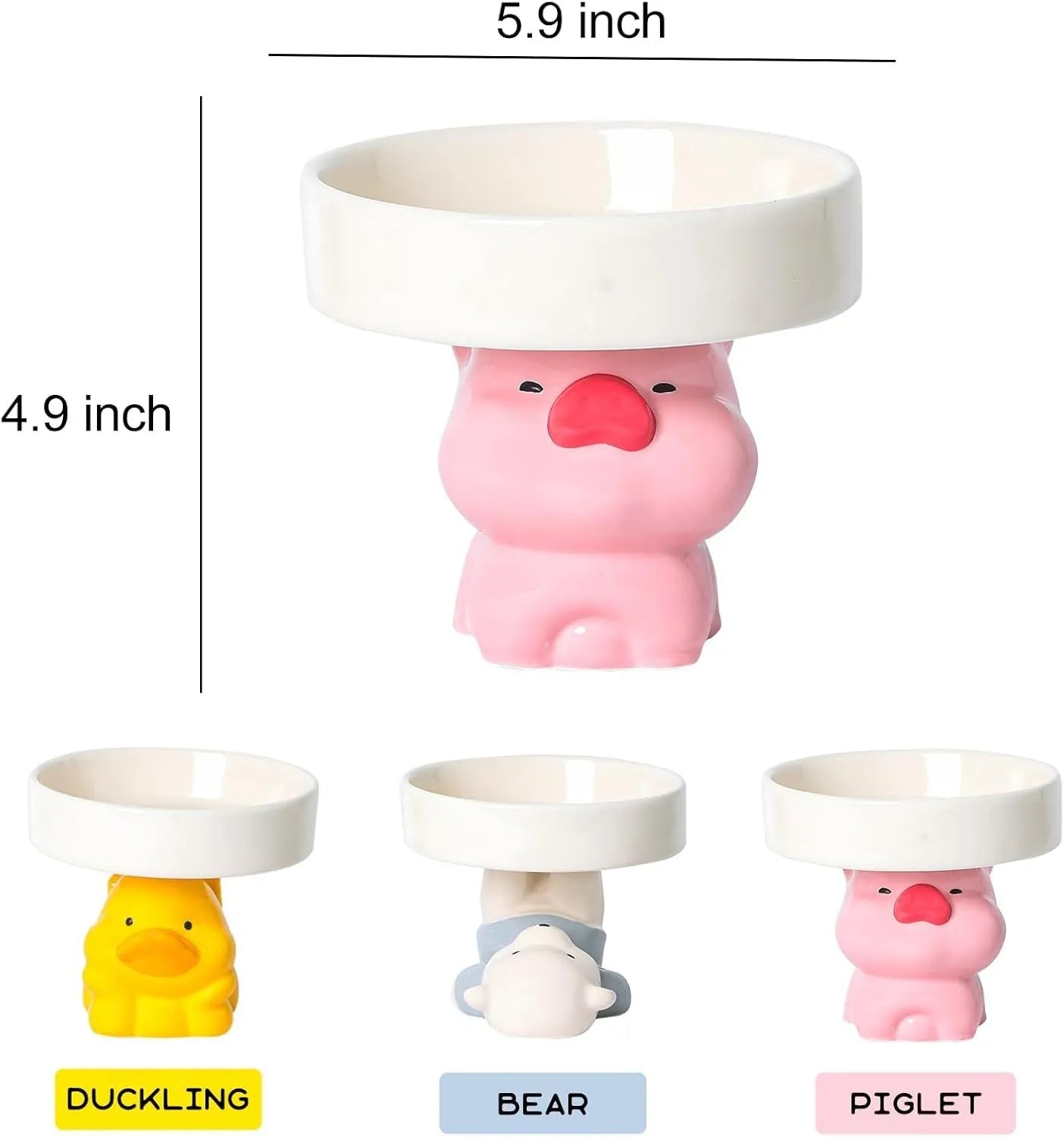 White ceramic raised cat bowl with bear design, showing wide opening and elevated base.