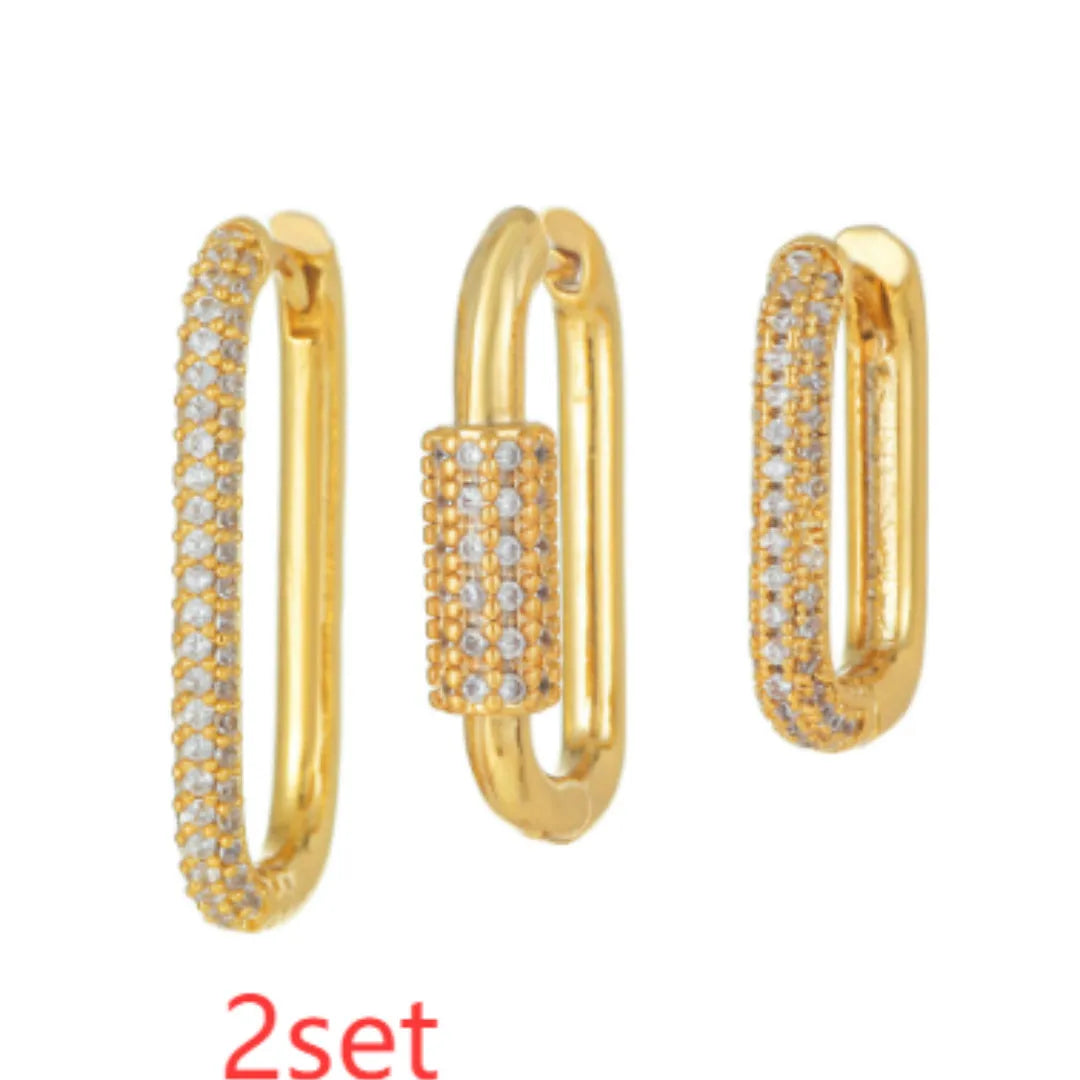 Geometric ear clip three-piece set with micro zircon detailing in gold and white colours