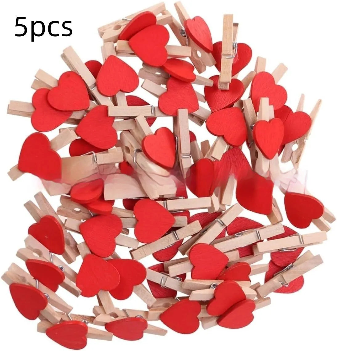 Five solid wood heart-shaped clips in different colours showing handmade construction details