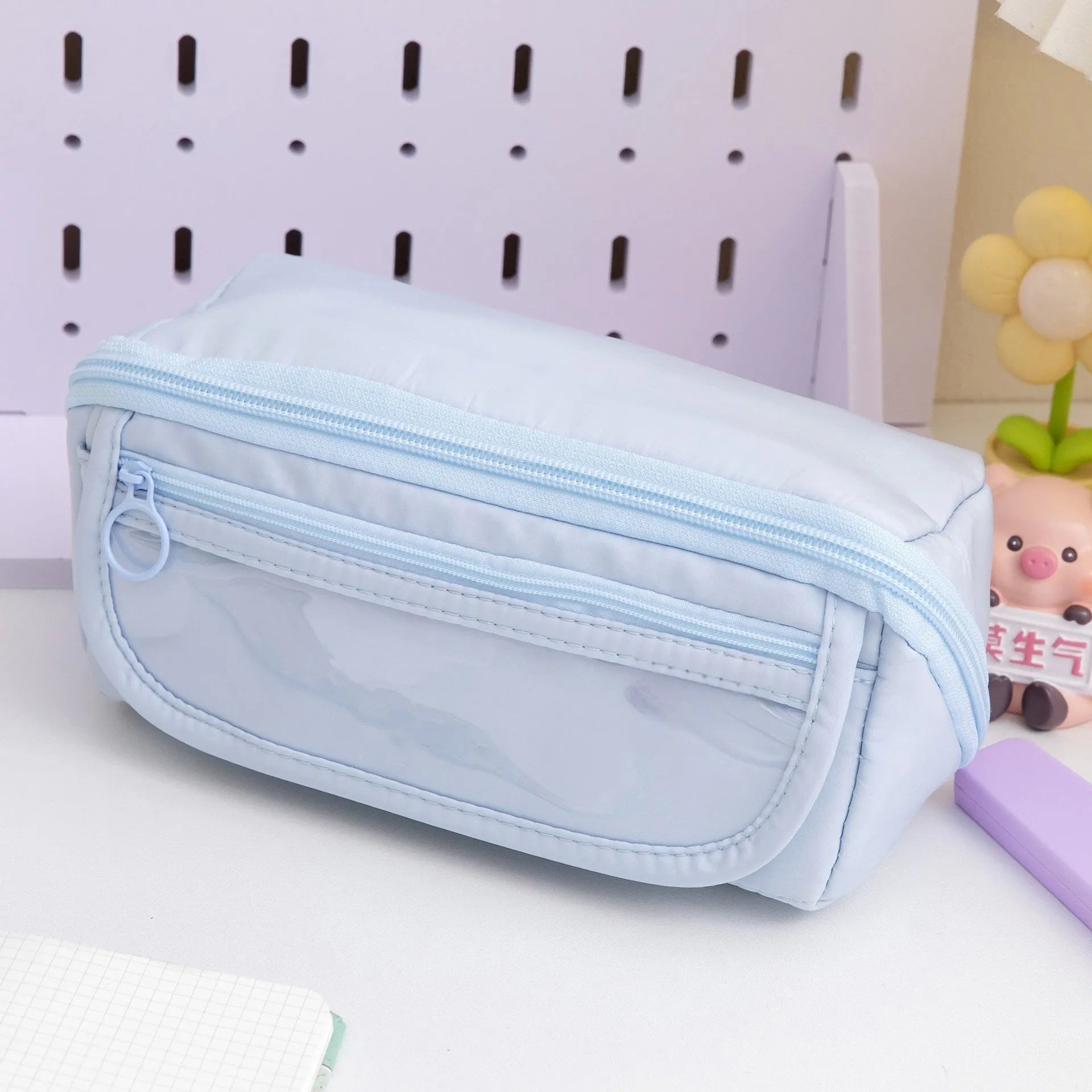 Korean style canvas pencil case with ten-layer flip design showing multiple colour options