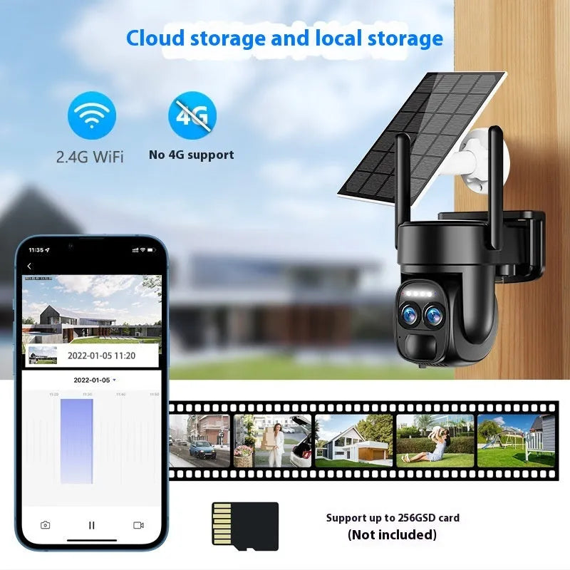 Solar-powered outdoor security camera with 8x zoom lens for home surveillance