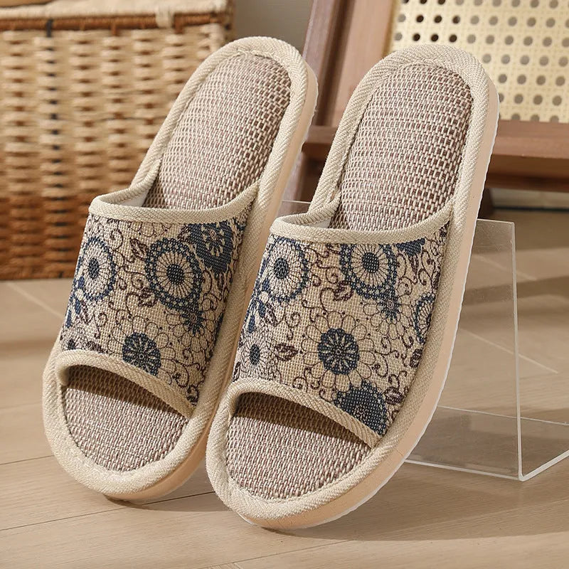Women's open-toe linen slippers in various colours with thickening sole
